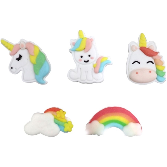 5 decorazioni pastello in zucchero unicorno / arcobaleno 