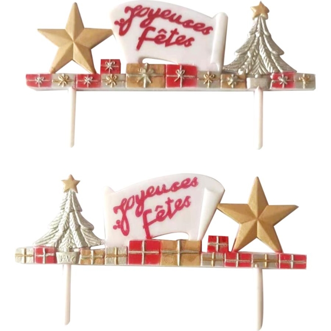 2 plettri per fregio Happy Holidays Abete / Stella Argento / Oro (11 cm) - Plastica 